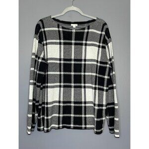 J Jill Sweater Womens Large Black White Plaid Pullover Long Sleeve Soft Knit Top